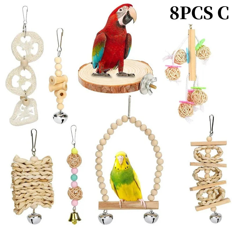 Parrots Wood Toys Cockatiel Toys Bird Cage Swing Hammock Chewing Toy Colorful Parakeet Wooden Hanging Bell Parrot Training Toys