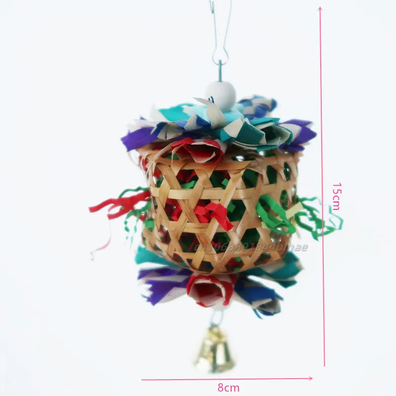 Parrot Bird Hanging Chewing Toys Natural Bamboo Cage Shred Foraging Toy With Bells Bird Cage Accessories