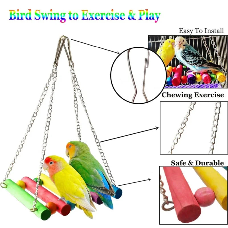 Parrots Wood Toys Cockatiel Toys Bird Cage Swing Hammock Chewing Toy Colorful Parakeet Wooden Hanging Bell Parrot Training Toys