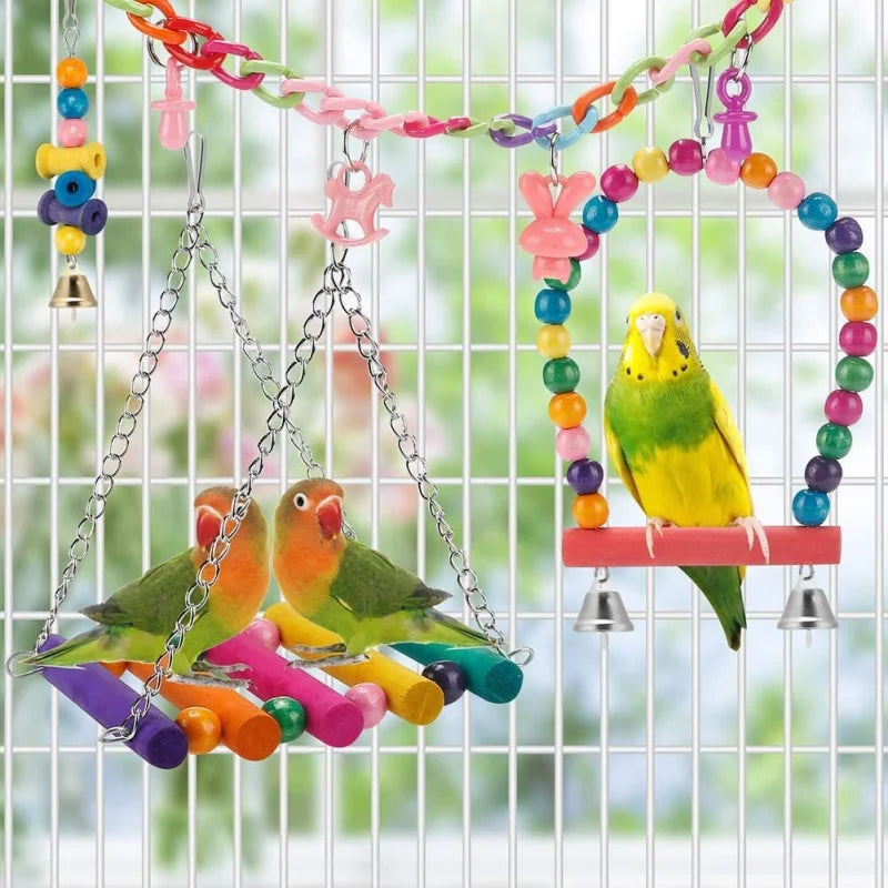 Parrots Wood Toys Cockatiel Toys Bird Cage Swing Hammock Chewing Toy Colorful Parakeet Wooden Hanging Bell Parrot Training Toys