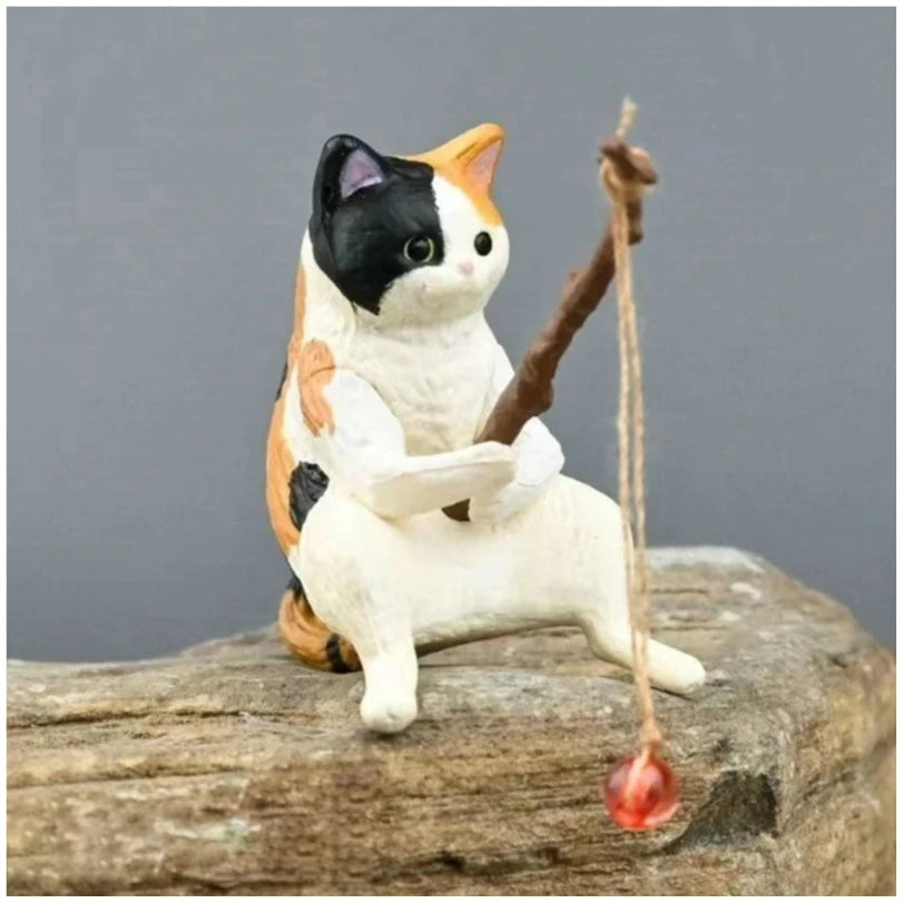 Fishing Cat Ornaments Aquarium Decoration Fish Tank Landscaping Cartoon Cat Statue Mini Resin Figurine Home Decorations