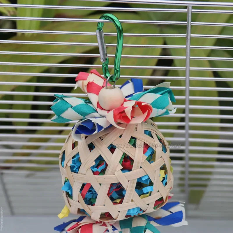 Parrot Bird Hanging Chewing Toys Natural Bamboo Cage Shred Foraging Toy With Bells Bird Cage Accessories