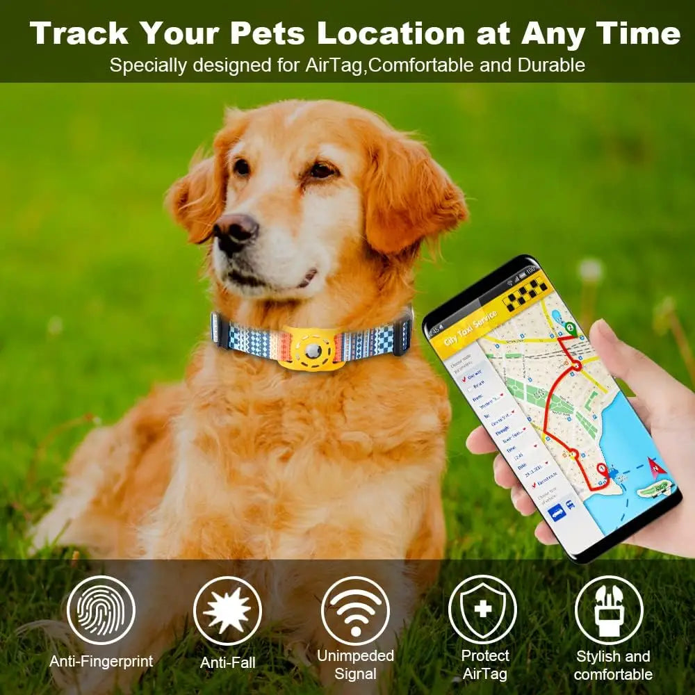 AirTag Dog Collar, for Apple AirTag, Polyester Pattern Pet Puppy Collar with Silicone AirTag Holder for Small Medium Large Dogs