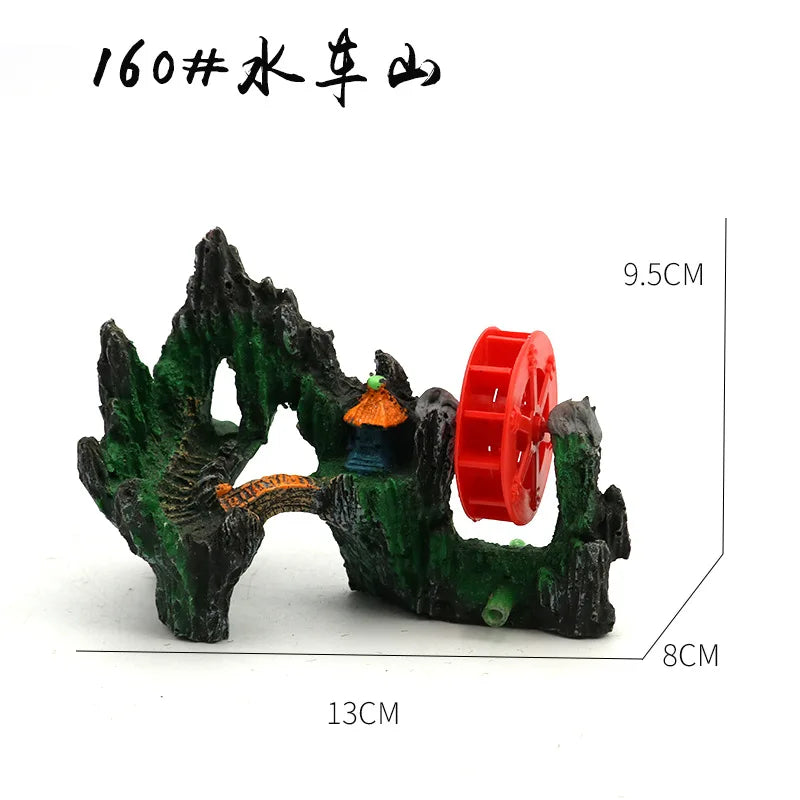 Fish Tank Landscaping Waterwheel Rock Mountain Decor Air Maker Resin Decoration Castle Fish Shrimp Shelter Aquarium Accessories