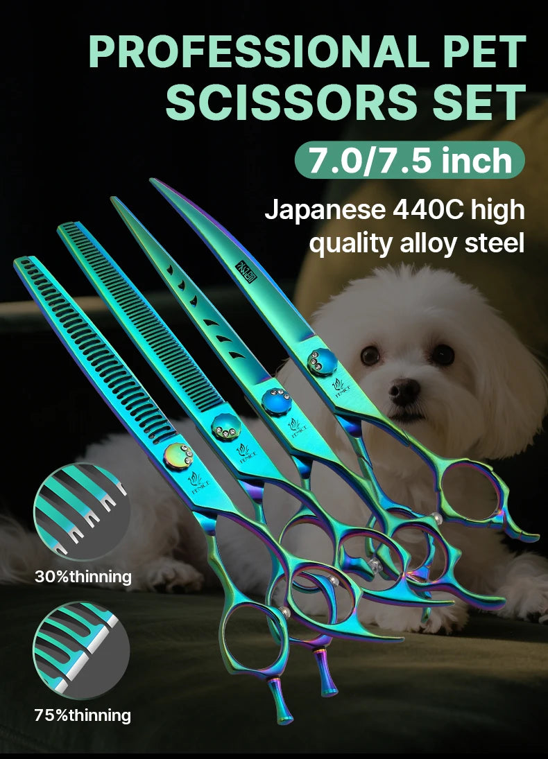 Fenice High-grade 7.0/7.5 inch JP440C Fluorescent Green Pet Grooming Scissors Shears Cutting&Curved&Thinner Set for Dog Groomer