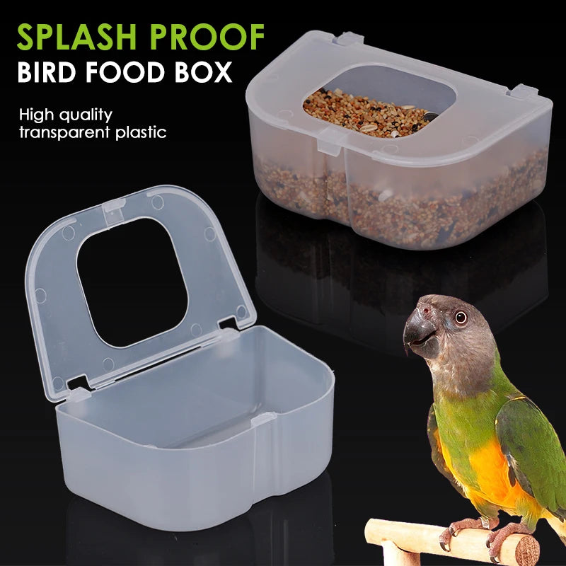 Bird Food Box Plastic Transparent Anti-Spill Parrot Feeder Hanging Parrot Spill Proof Food Box Bird Universal Feeding Boxs