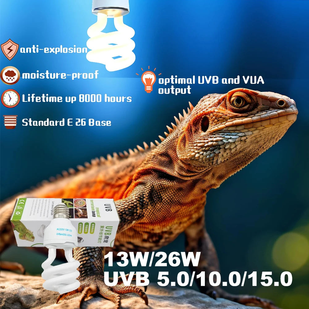 13W 26W UV Heating Bulb Light Energy Saving Reptile Accessories Terrarium E27 UVB5.0 UVB10.0 Lizard Calcium Supplement Lamp