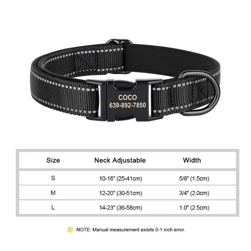 Reflective Personalized Dog Collar Engrave ID Nylon Collars Soft Padded Dogs Collar Adjustable for Small Medium Large Dogs Pug