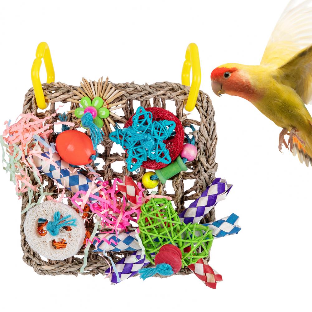 Bird Parrot Toy Natural Grass Tubes Bird Chewing Toy Parrot Cage Bite Molar Toy Parrot Cage Colorful Hanging Decoration