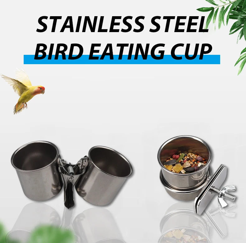 1PC Parrot Feeding Bowl With Clamp Holder Stainless Steel Pet Birds Food Dish Parrots Cage Accessories Drinking Feeder