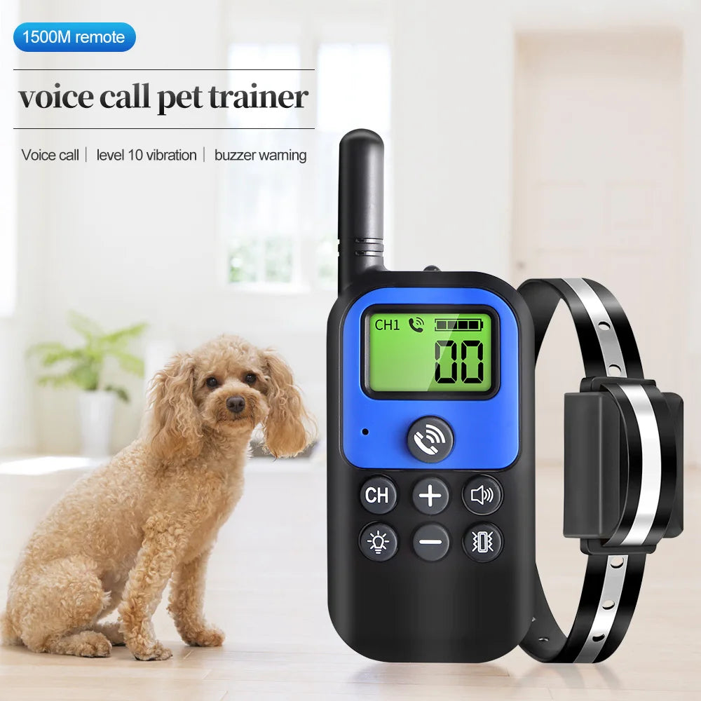 1500m Electric Dog Training Collar Voice Walkie-Talkie Pet Remote Control Waterproof Rechargeable For All Sizes Vibration Sound