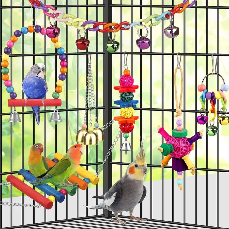 Parrots Wood Toys Cockatiel Toys Bird Cage Swing Hammock Chewing Toy Colorful Parakeet Wooden Hanging Bell Parrot Training Toys