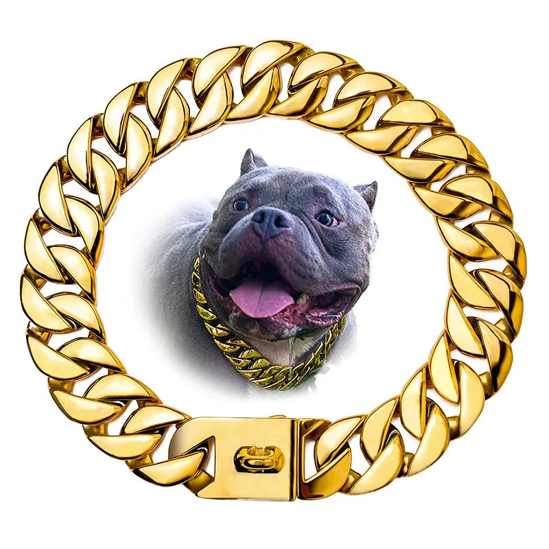 Strong Dog Golden Collar Choker Pets Dogs Cuban Link Chain 32mm Width Stainless Steel Collar for Medium Large Bulldog Usage
