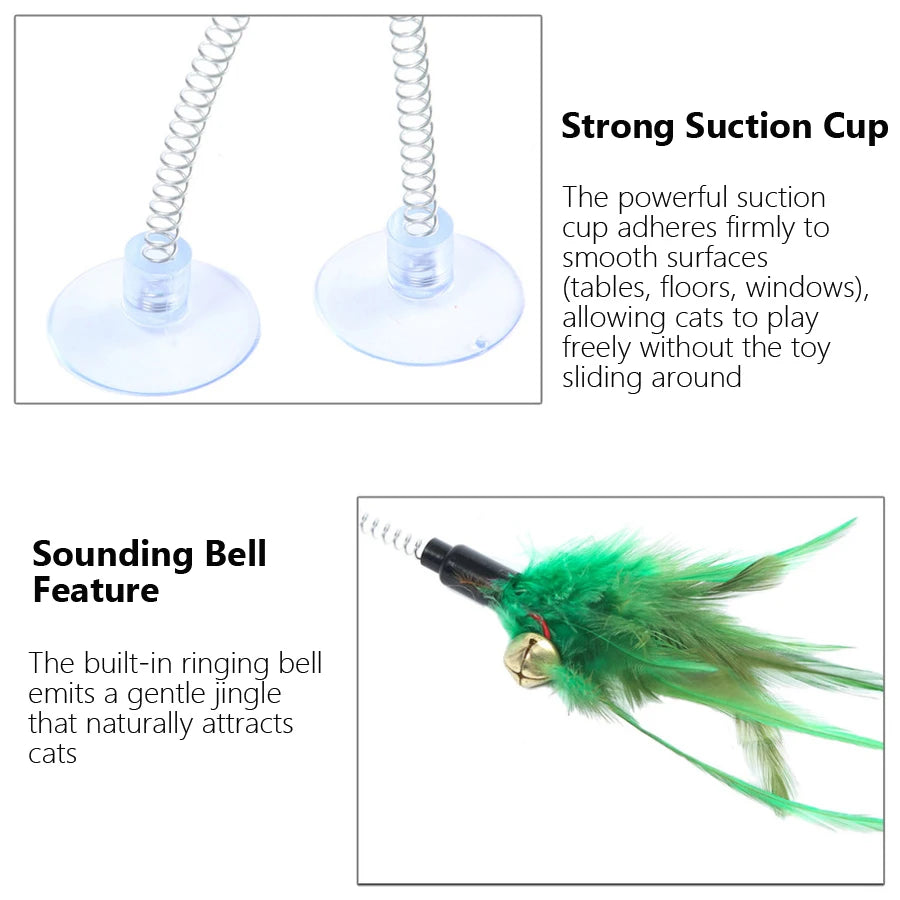 Swinging Spring Feather Cat Teaser with Suction Cup, Interactive Cat Toy with Sounding Bell, Teaser Wand Toys