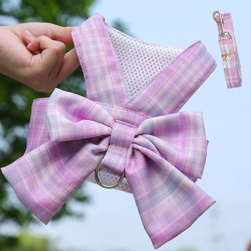 Bow Dog Collar Skirt Cute Pet Harness with Breast Strap Traction Rope Cat Dogs Clothes Harness Vest Princess Tutu Dress Skirt