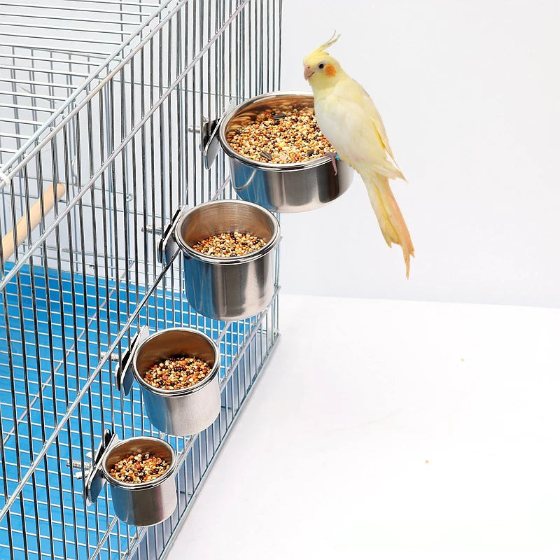 1PC Parrot Feeding Bowl With Clamp Holder Stainless Steel Pet Birds Food Dish Parrots Cage Accessories Drinking Feeder