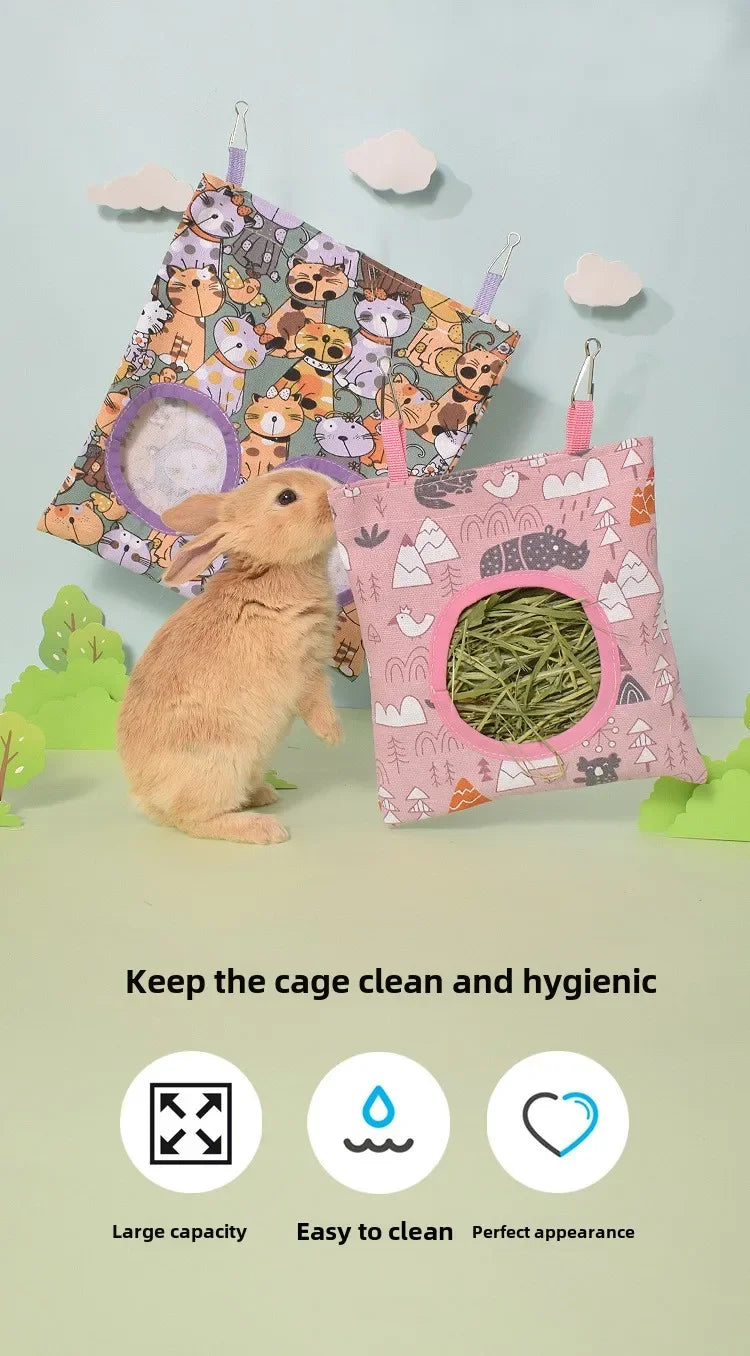 Rabbit Hay Feeding Bags 1/2/3 Holes Cartoon Printed Guinea Pigs Hanging Feeder Chinchilla Food Organizer Pet Cage Supplies