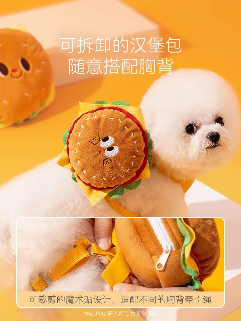 Pet Cute Burger and French Fries Backpack Towing Rope Cat Vest Dog Chest Strap for Walking Dog Rope Supplies Dog Bag
