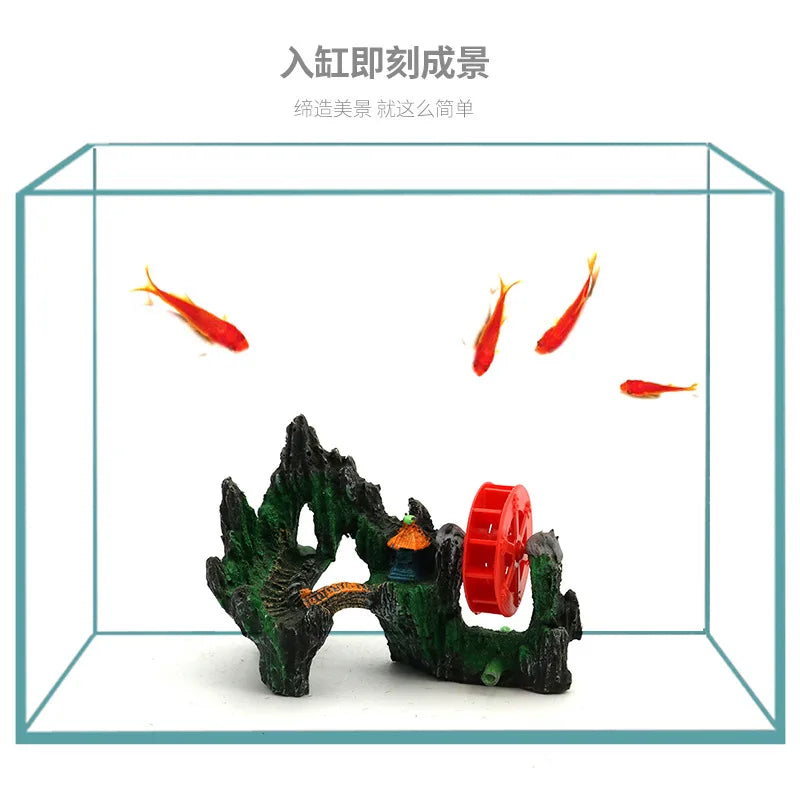 Fish Tank Landscaping Waterwheel Rock Mountain Decor Air Maker Resin Decoration Castle Fish Shrimp Shelter Aquarium Accessories