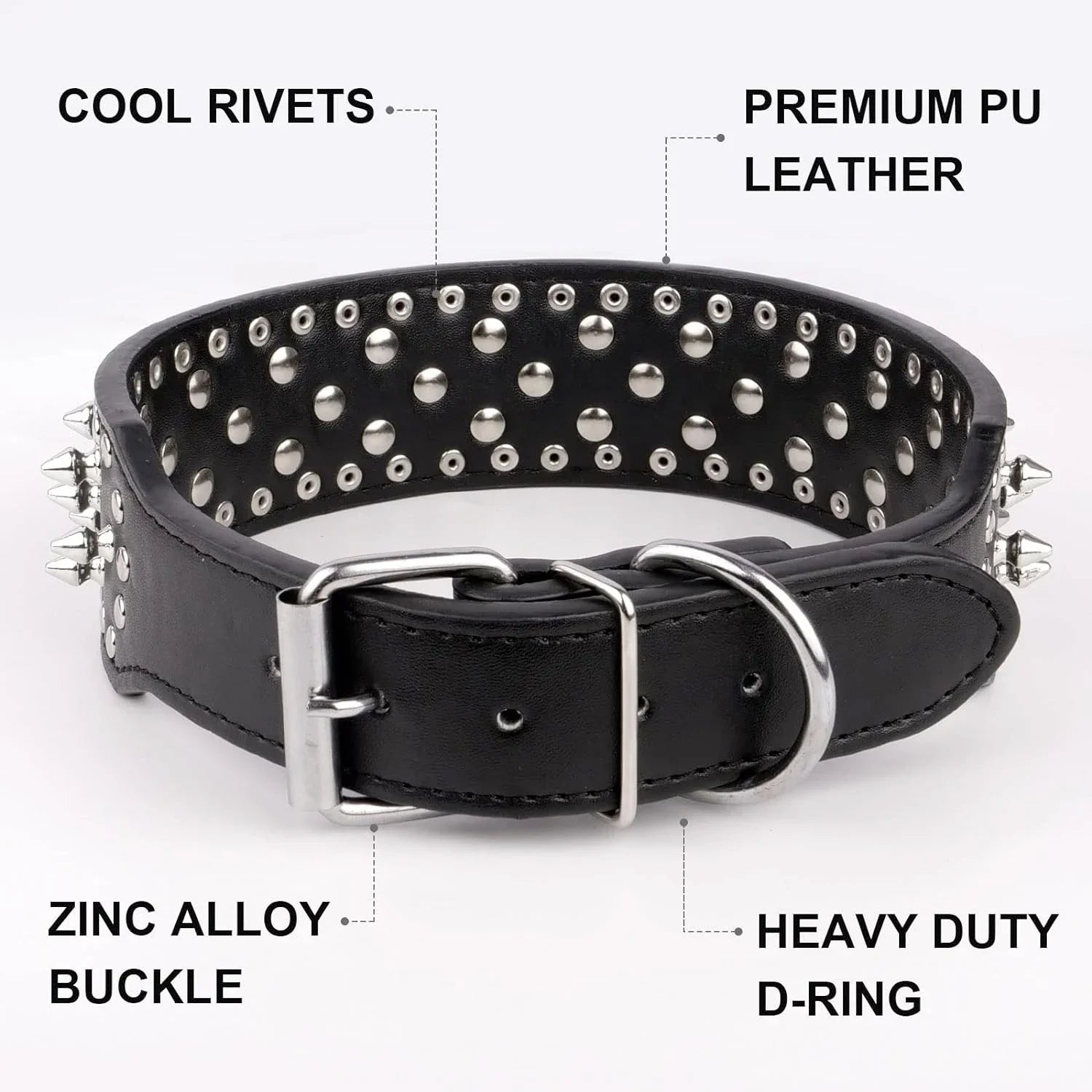 2inch Wide Skull Spiked Studded Leather Large Dog Collars for Medium Large Breeds Pitbull Mastiff Boxer Bully Dog Harness