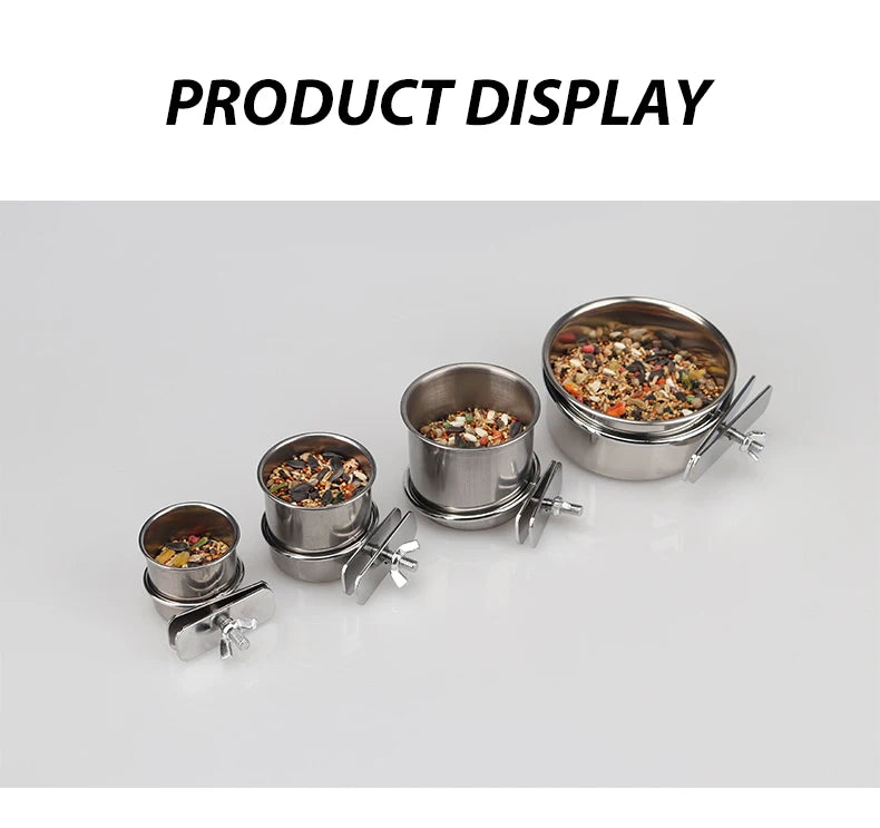 1PC Parrot Feeding Bowl With Clamp Holder Stainless Steel Pet Birds Food Dish Parrots Cage Accessories Drinking Feeder