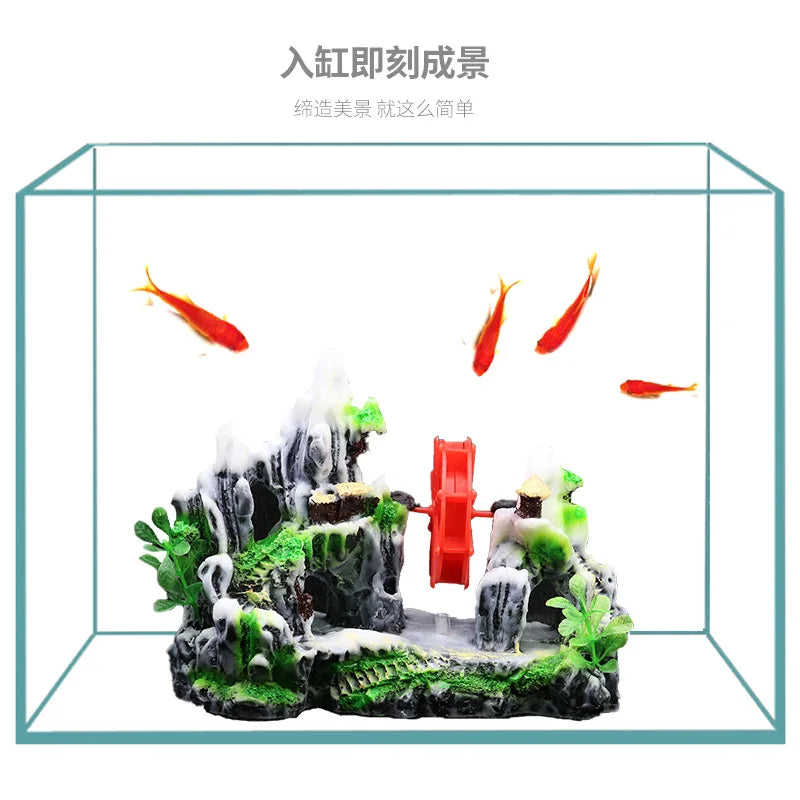 Fish Tank Landscaping Waterwheel Rock Mountain Decor Air Maker Resin Decoration Castle Fish Shrimp Shelter Aquarium Accessories
