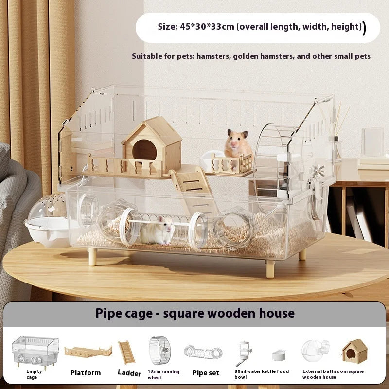 Easy Clean Transparent Hamster Cage Large Luxury Villa House with Full Set Pet Supplies for Golden Syrian Hamster and Decor