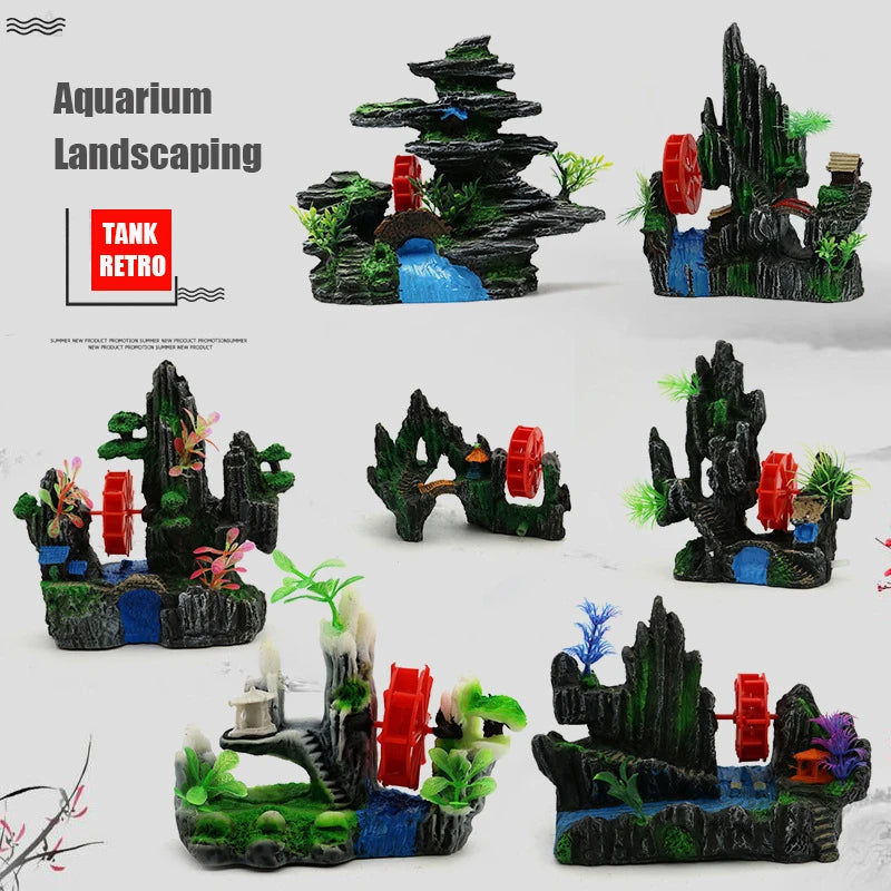 Fish Tank Landscaping Waterwheel Rock Mountain Decor Air Maker Resin Decoration Castle Fish Shrimp Shelter Aquarium Accessories
