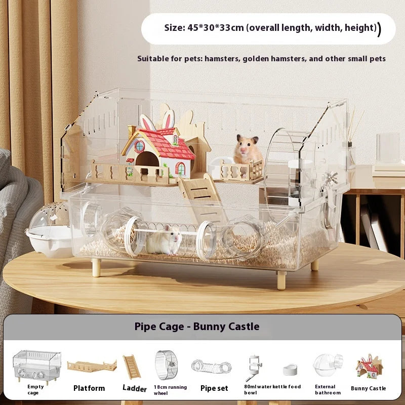 Easy Clean Transparent Hamster Cage Large Luxury Villa House with Full Set Pet Supplies for Golden Syrian Hamster and Decor