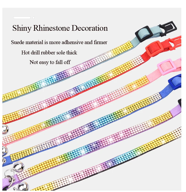 Small Cat Collar Rhinestone Breakaway Shiny Pet Goats Necklace Collier Chain Quick Release Safety Soft Suede Luxury for Kitten