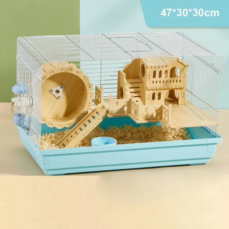 Luxury Hamster Cage Large Space Villa Two Layer Platform Small Animal Hedgehogs Guinea Pig House Stairs Running Wheel Toy Set
