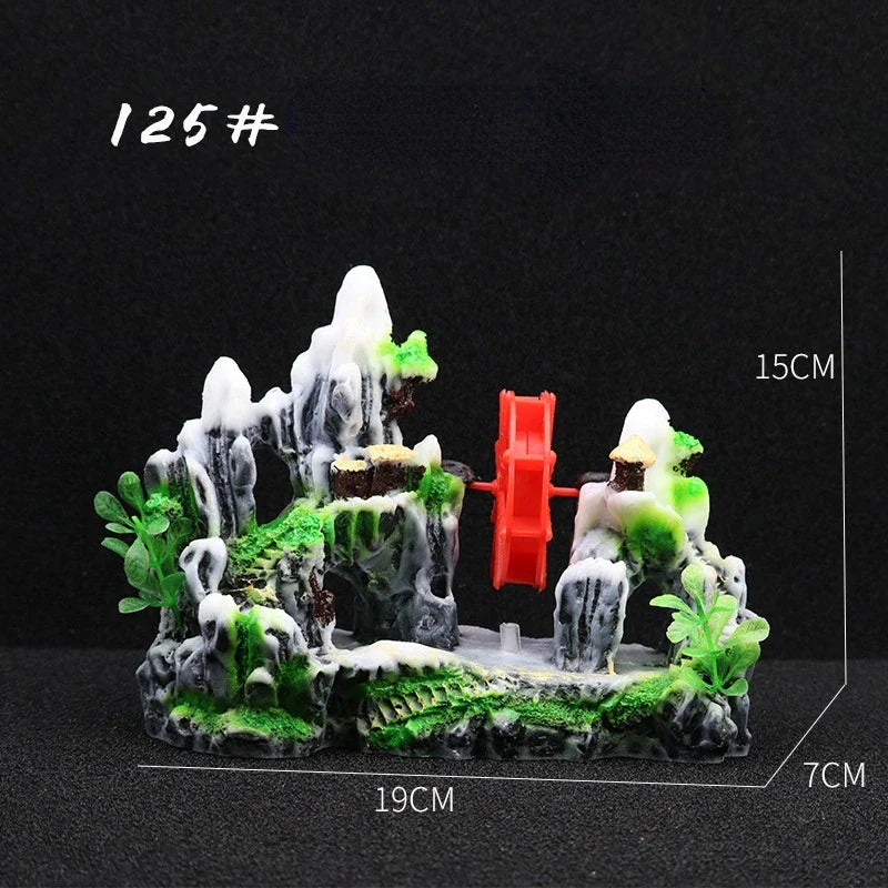 Fish Tank Landscaping Waterwheel Rock Mountain Decor Air Maker Resin Decoration Castle Fish Shrimp Shelter Aquarium Accessories