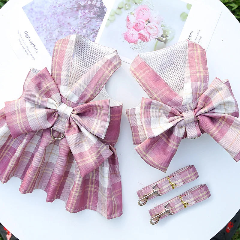 Bow Dog Collar Skirt Cute Pet Harness with Breast Strap Traction Rope Cat Dogs Clothes Harness Vest Princess Tutu Dress Skirt