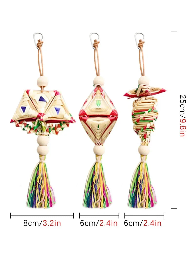 1 Pcs Pet Parrot Bird Chew Toys Handmade Natural Straw  Chewing Bite Hanging Cage Bell Swing Climb Playing Pendant
