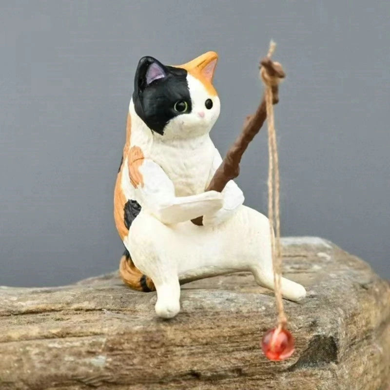 Fishing Cat Ornaments Aquarium Decoration Fish Landscaping Cartoon Cat Statue Mini Resin Figurine Home Decorations