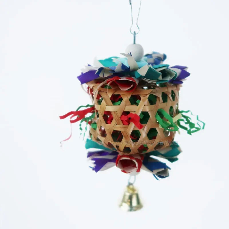 Parrot Bird Hanging Chewing Toys Natural Bamboo Cage Shred Foraging Toy With Bells Bird Cage Accessories