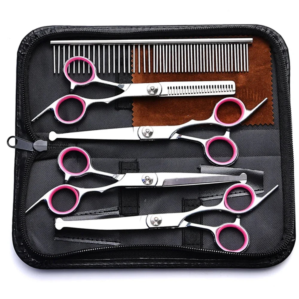 5 in 1 Professional Dogs Grooming Scissors Set Stainless Steel Dog and Cat Hair Thinning Shears with Safety Round Tip for Pet