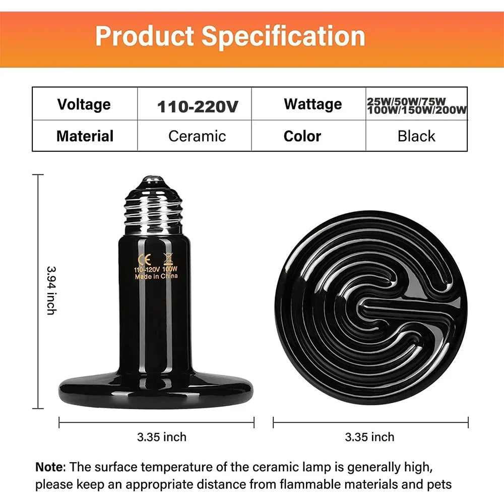 Reptile Heating Lamp E27 Ceramic Heat Bulb 110-240V Pet Warmer 20/50/75/100W for Turtle Lizard Brooder Terrarium Lighting