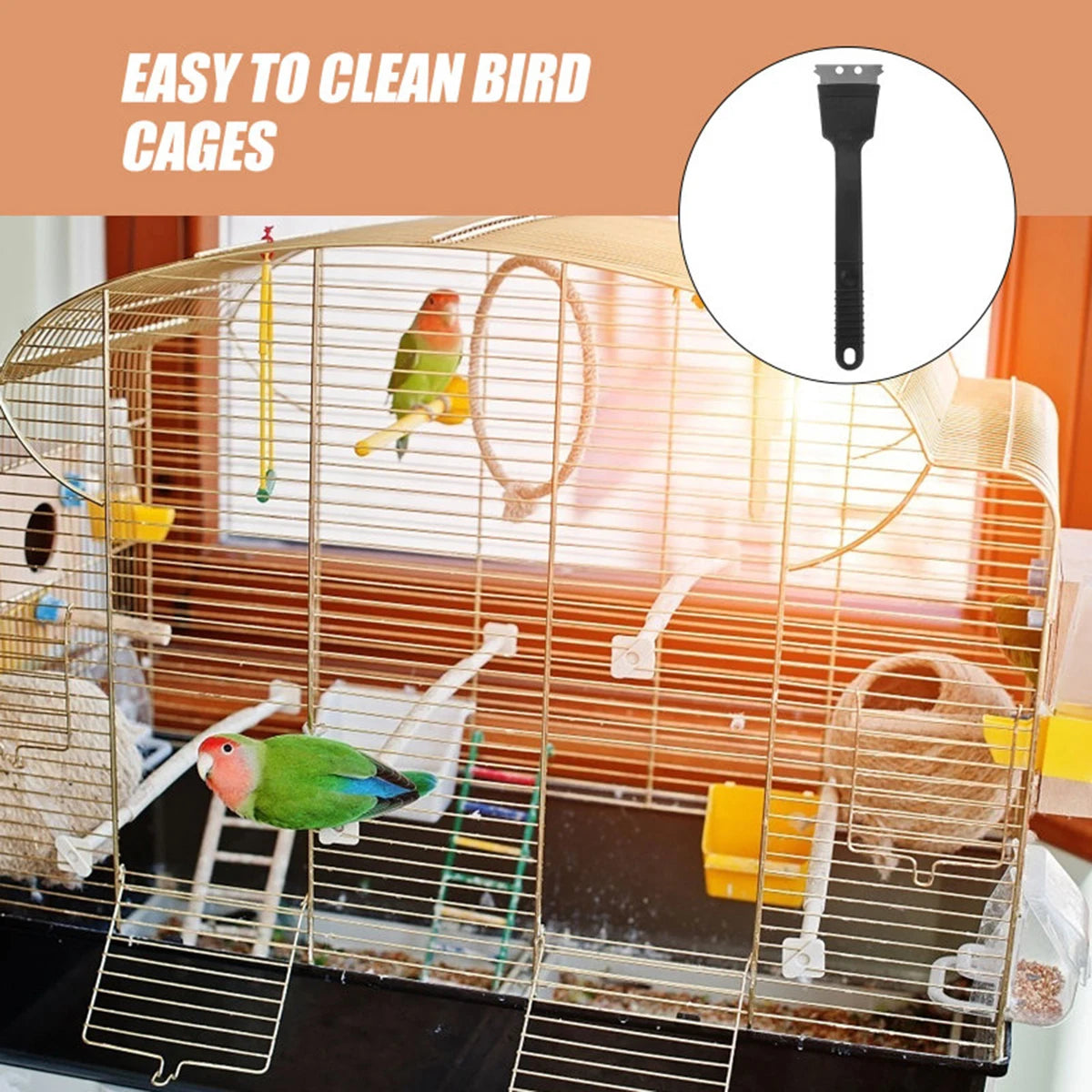 Stainless Steel Bird Poop Cleaning Brush with Scraper, Birdcage Accessory for Parrot and Cage
