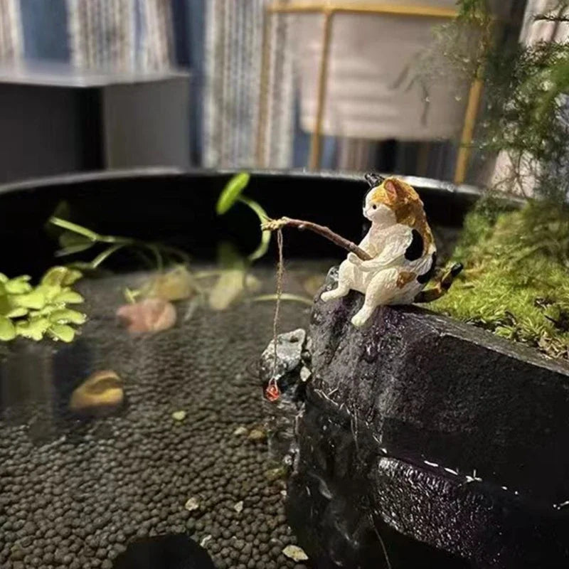 Fishing Cat Ornaments Fish Tank Landscaping Aquarium Decoration Mini Cat Statue Fish Tank Accessories Household Supplies