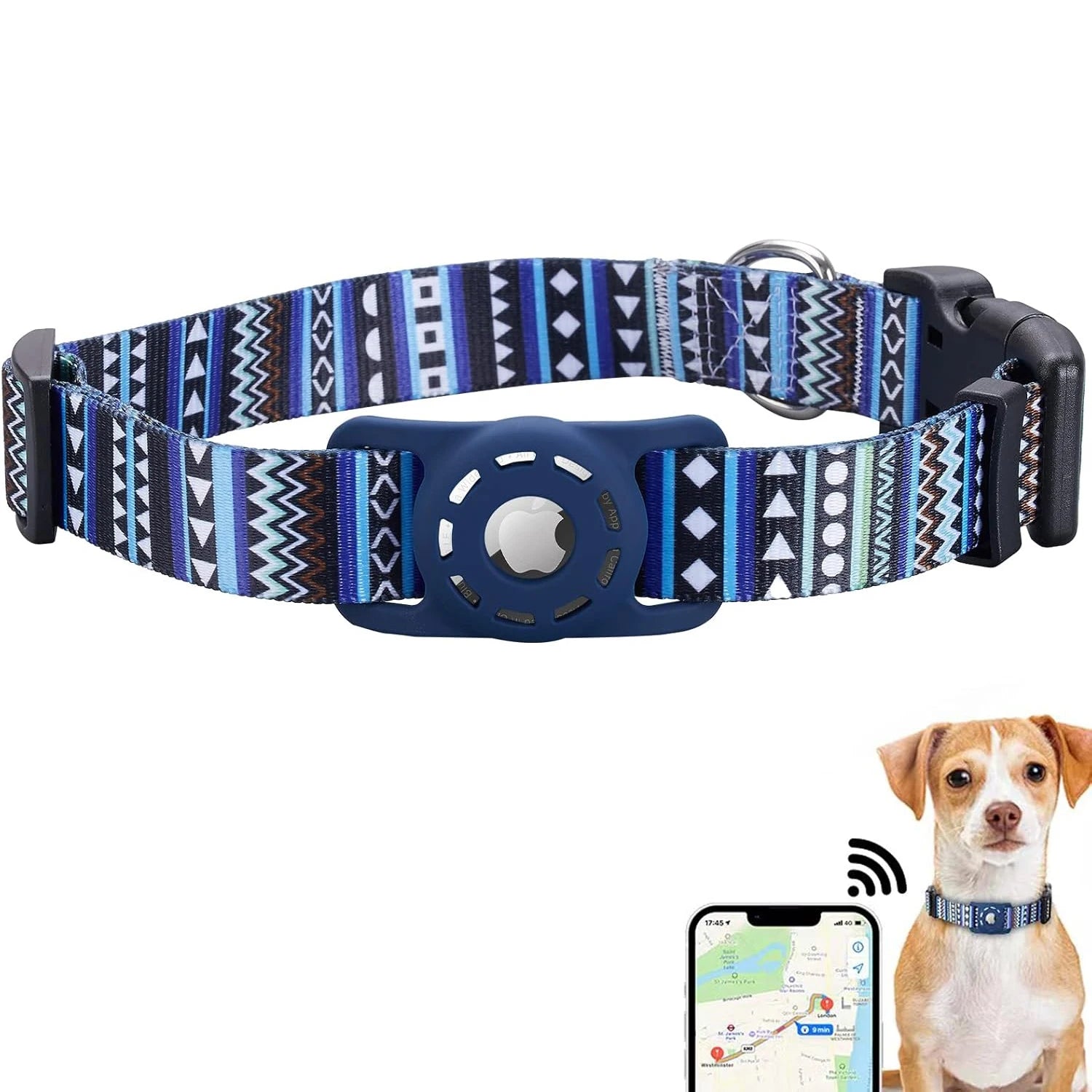 AirTag Dog Collar, for Apple AirTag, Polyester Pattern Pet Puppy Collar with Silicone AirTag Holder for Small Medium Large Dogs