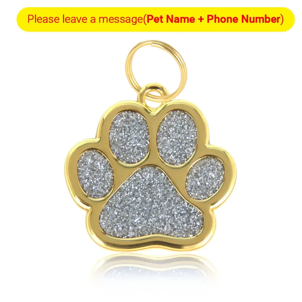 Personalized Collar Pet ID Tag Custom Free Engraved Cat Dog Puppy Name Necklace Gold Paw Glitter Pendant Pet Accessories 3CM