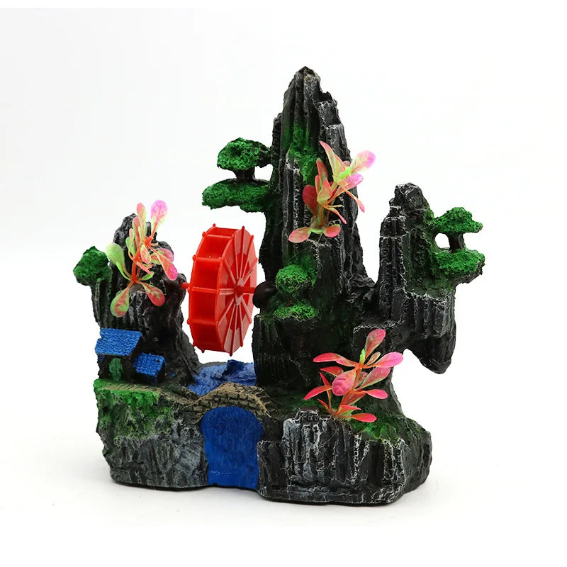 Fish Tank Landscaping Waterwheel Rock Mountain Decor Air Maker Resin Decoration Castle Fish Shrimp Shelter Aquarium Accessories