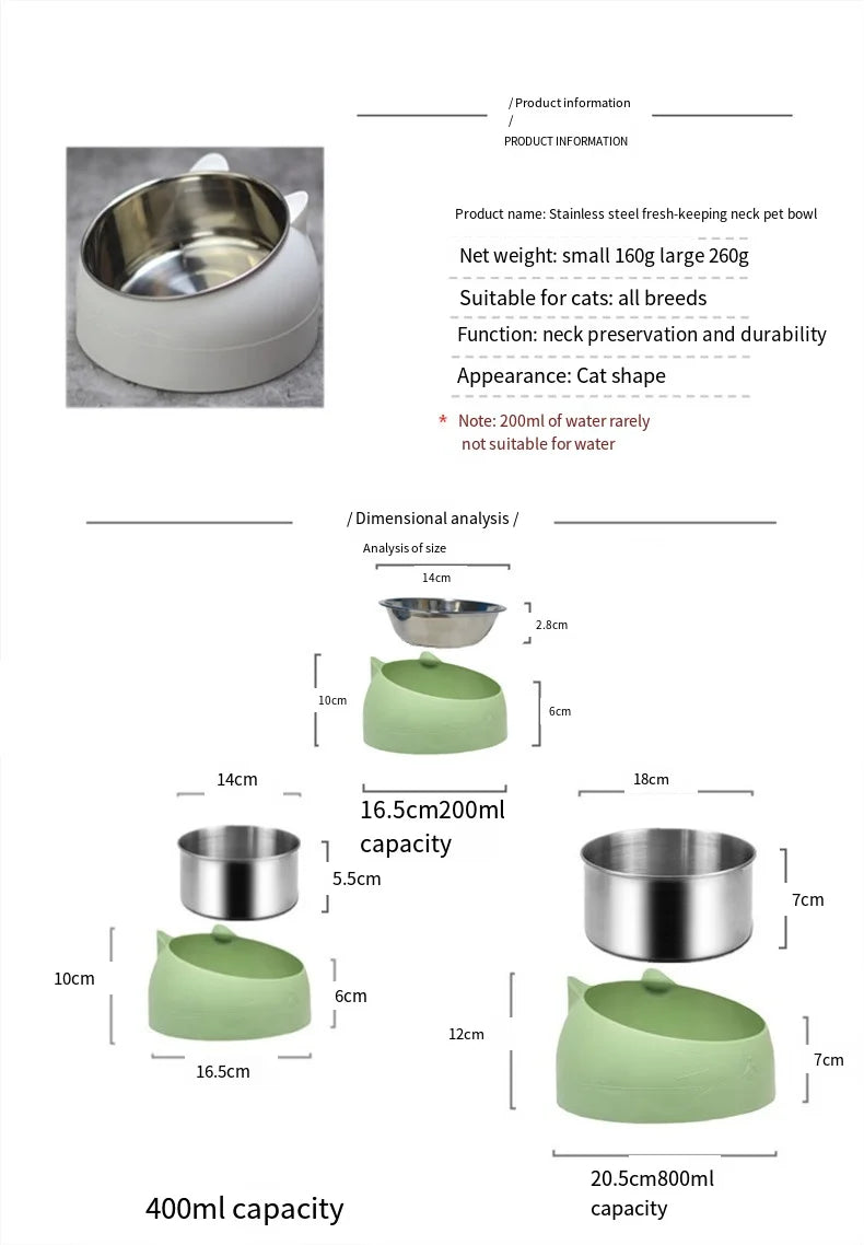 Cat Dog Bowl 15 Degrees Raised Stainless Steel Non Slip Puppy Base Cat Food Drinking Water Feeder Tilt Safeguard Neck Pet Bowl