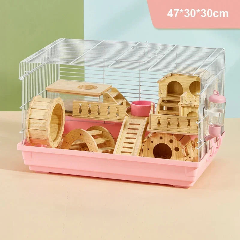 Luxury Hamster Cage Large Space Villa Two Layer Platform Small Animal Hedgehogs Guinea Pig House Stairs Running Wheel Toy Set