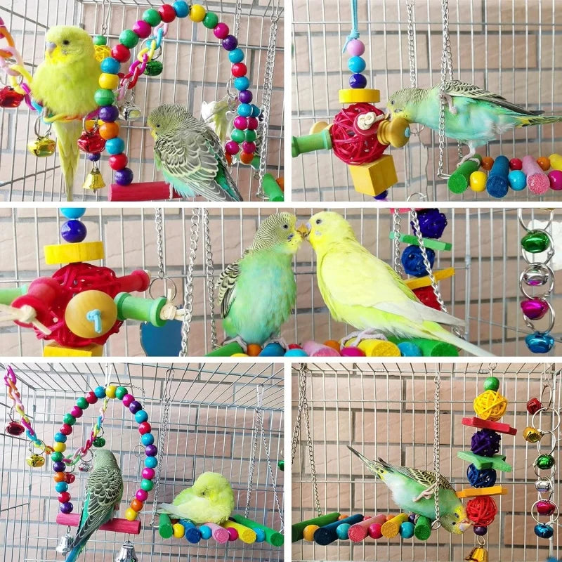 Parrots Wood Toys Cockatiel Toys Bird Cage Swing Hammock Chewing Toy Colorful Parakeet Wooden Hanging Bell Parrot Training Toys