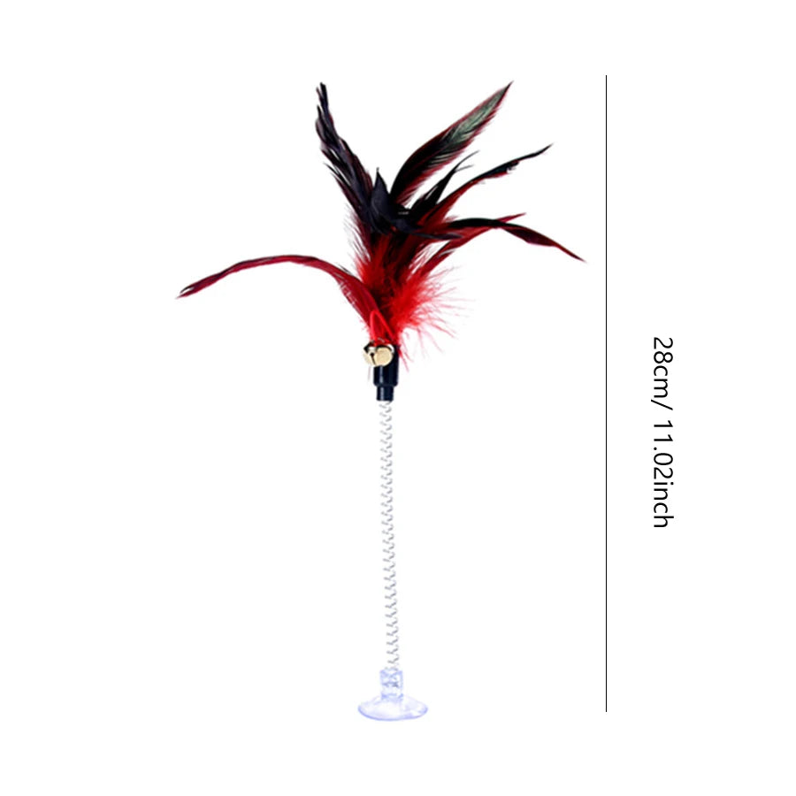 Swinging Spring Feather Cat Teaser with Suction Cup, Interactive Cat Toy with Sounding Bell, Teaser Wand Toys