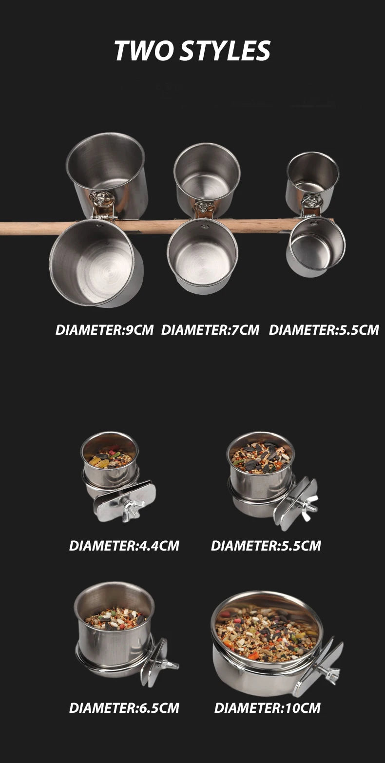 1PC Parrot Feeding Bowl With Clamp Holder Stainless Steel Pet Birds Food Dish Parrots Cage Accessories Drinking Feeder