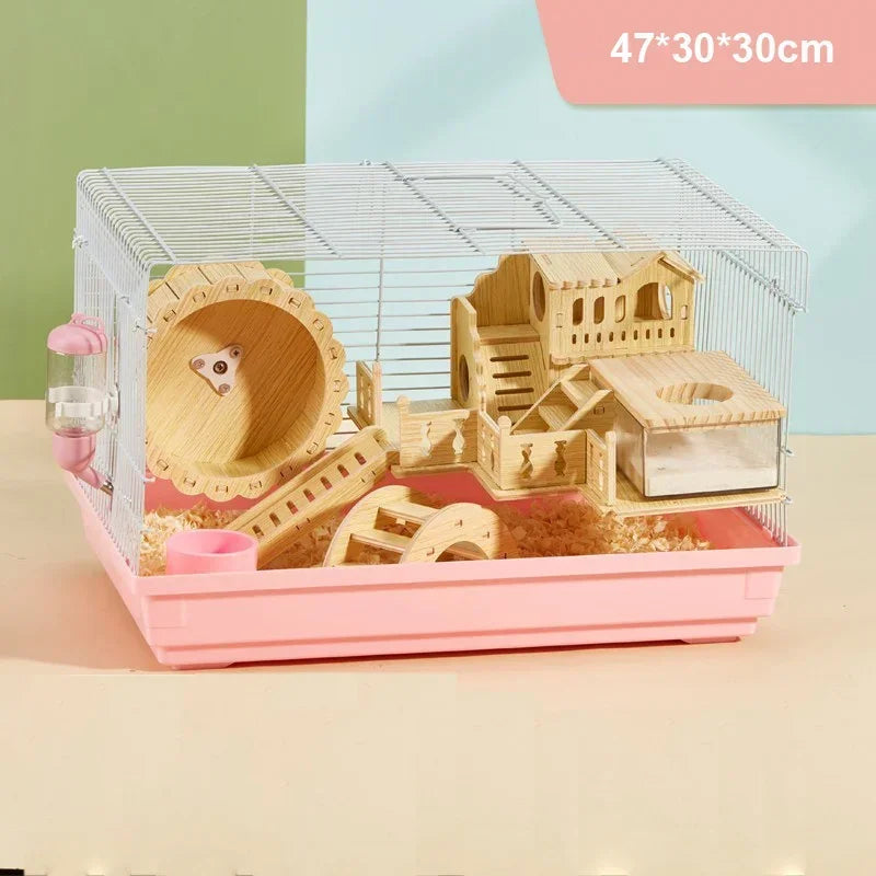 Luxury Hamster Cage Large Space Villa Two Layer Platform Small Animal Hedgehogs Guinea Pig House Stairs Running Wheel Toy Set
