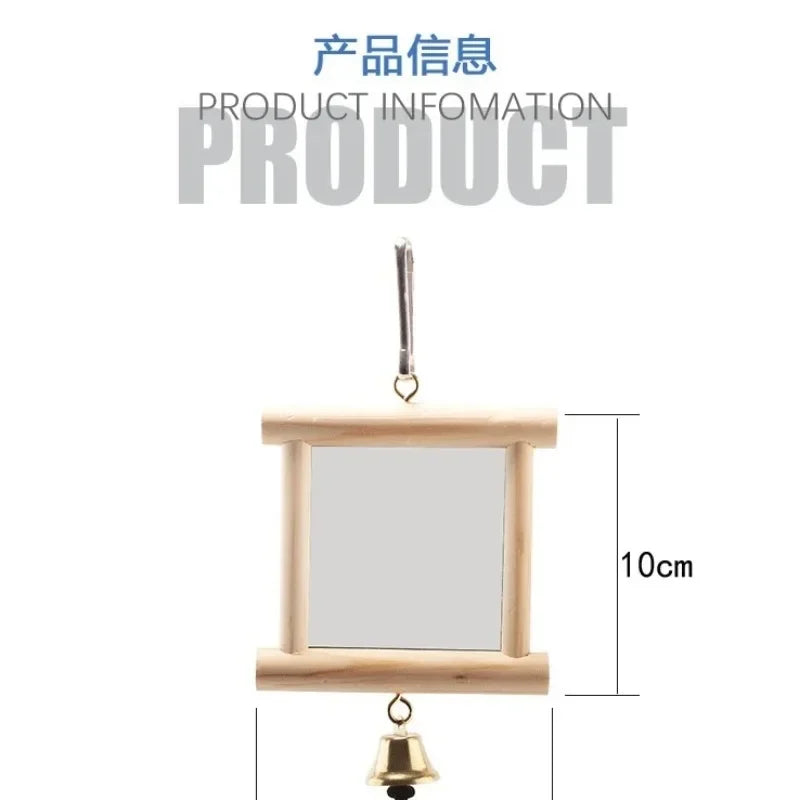 1 Pcs Pet Solid Wood Mirror Parrot Bird Mirror Fun Standing Pine Toy Birds Accessories with Bells Wood Toys Bird Accessories